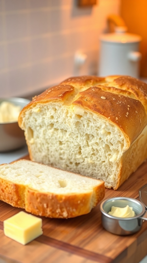 Simple Bread Machine Recipe with All-Purpose Flour Freshly baked loaf of bread on a cutting board with slices and butter.